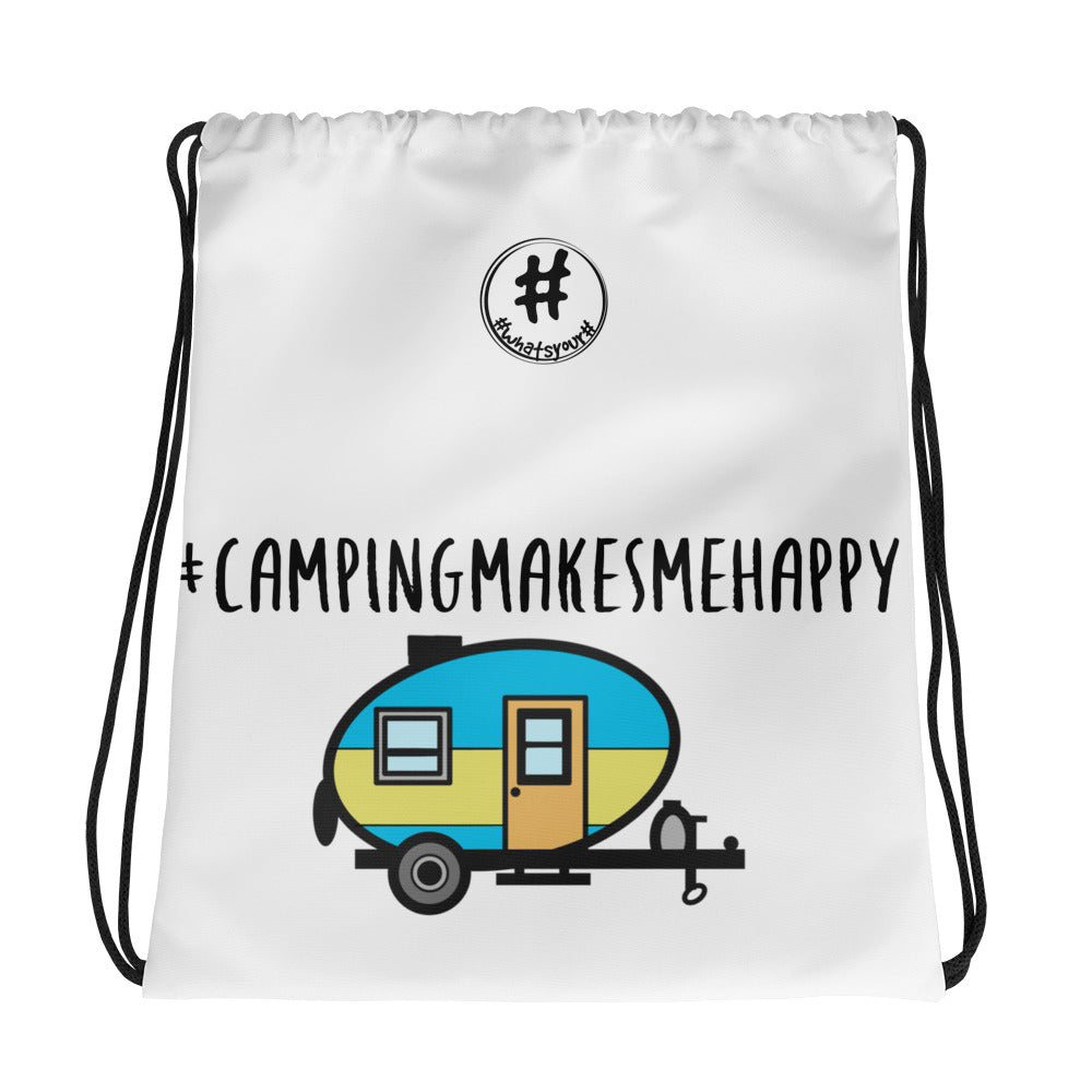 #campingmakesmehappy Hashtag Drawstring Bag
